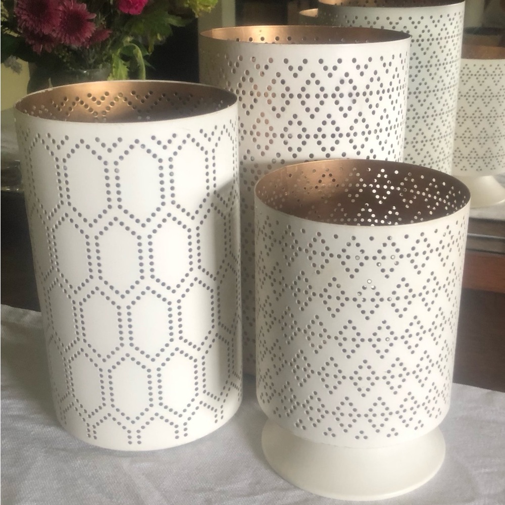 Threshold Laser-Cut Diamond Pattern Metal Candle Holders, White & Gold, Set Of 3